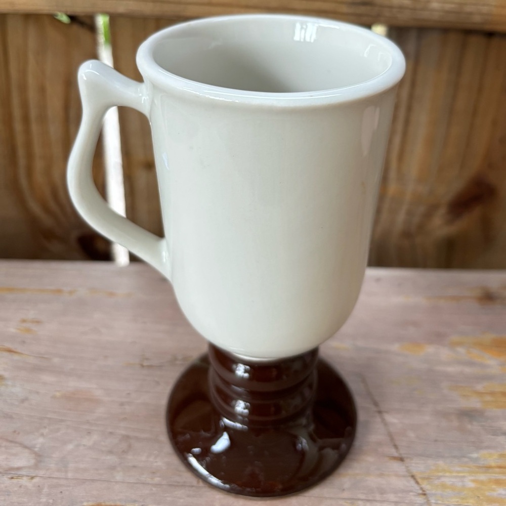 Vintage Hall 1273 White & Brown Stoneware Pedestal Irish Coffee Mug